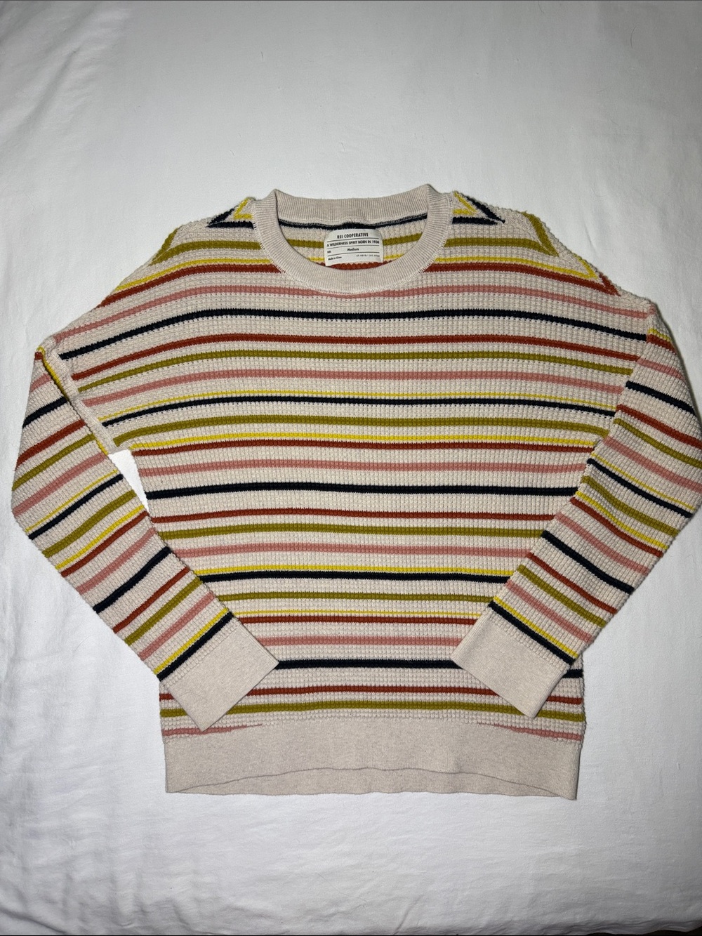 REI Coop Cream Crewneck Sweater with Pink, Yellow & Black Stripes